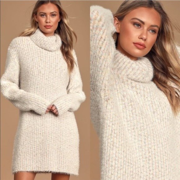 Lulus Dresses & Skirts - NEW Lulus Sweet Whispers Ivory Multi Eyelash Knit Turtleneck Sweater Dress